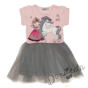 Детска лятна рокля с момиче и еднорог с тюл в розово и сиво