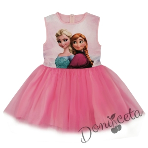 Детска рокля без ръкав с Анна и Елза  и тюл в розово