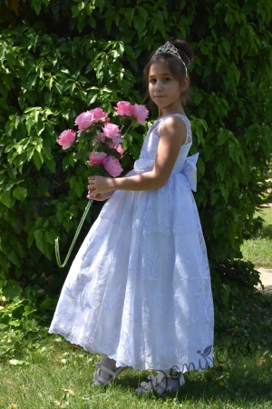 Официална детска дълга рокля Юлия в бяло с голяма панделка 