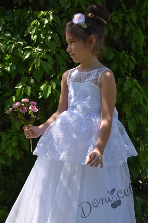Официална детска дълга рокля Далия в бяло с дантела голяма панделка 