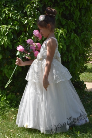 Официална детска дълга рокля Анна в екрю с голяма панделка 