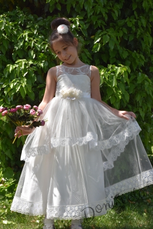 Официална детска дълга рокля Валерия в екрю с дантела  и панделка отзад