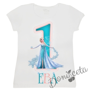Детска тениска с къс ръкав в бяло с персонализирано име и цифра с Елза от "Замръзналото Кралство"