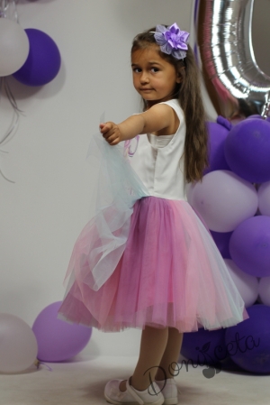 Официална детска рокля с тюл без ръкав с  Пони и тюл в лилаво, розово и тюркоаз/мента с има и цифра за години
