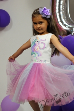 Официална детска рокля с тюл без ръкав с  Пони и тюл в лилаво, розово и тюркоаз/мента с има и цифра за години