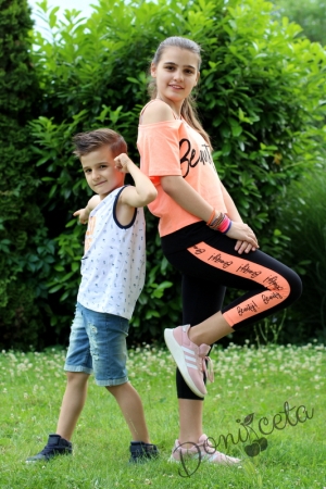 Комплект от прави  къси дънки  за момче и потник  с летни мотиви в оранжево