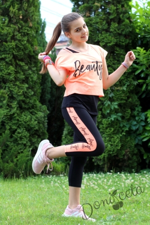 Детски летен комплект от 3 части с потник, блузка с къс ръкав в оранжево/неон и клин в черно