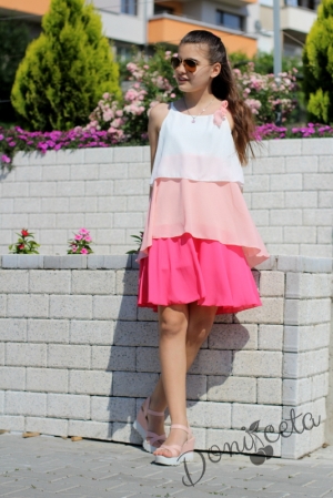 Лятна детска рокля Contrast в бяло и циклама с панделка в розово на воали