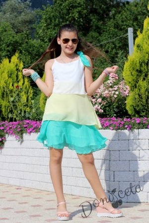Лятна детска рокля Контраст в бяло, жълто и зелено със зелена панделка