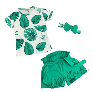 Детски комплект от 3 части от блузка/тениска, къси панталонки в зелено и лента за коса