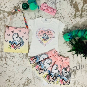 Комплект за момиче от 4 части от блузка/тениска, пола , чантичка и  лента за коса с Пони/Еднорог