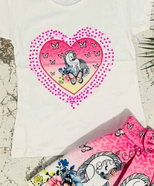 Комплект за момиче от 4 части от блузка/тениска, пола в циклама , чантичка и  лента за коса с Пони/Еднорог