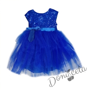 Официална детска рокля Агнес в синьо от пайети и тюл на пластове с панделка отпред