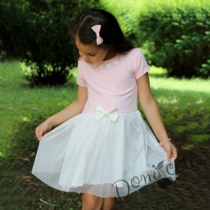 Лятна детска рокля в светло розово с тюл в бяло 1