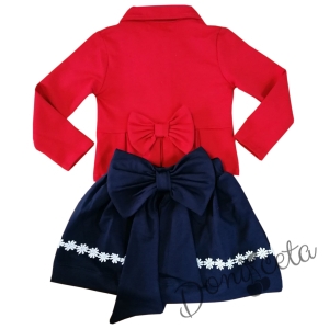 Детски комплект от сако в червено с панделка и пола в тъмносиньо