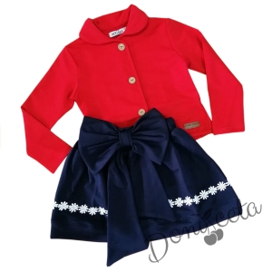 Детски комплект от сако в червено с панделка и пола в тъмносиньо
