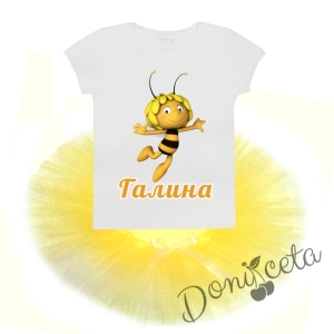 Персонализиран комплект от 2 части - тениска с къс ръкав с пчеличка и туту пола в жълто