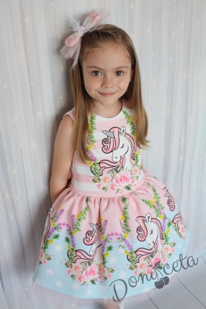 Детска официална рокля без ръкав с Пони/Еднорог в розово с панделка за коса Офелия