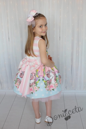 Детска официална рокля без ръкав с Пони/Еднорог в розово с панделка за коса Офелия