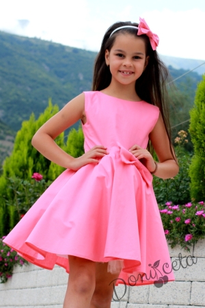 Официална или ежедневна детска рокля в цвят корал с панделка отпред и тюл отдолу тип клош Корни 