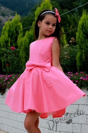 Официална или ежедневна детска рокля в цвят корал с панделка отпред и тюл отдолу тип клош Корни 