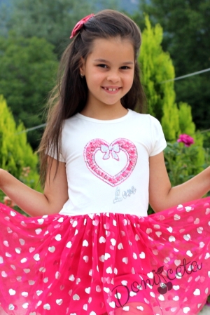 Детска рокля с къс ръкав в бяло със сърце  и тюл в цвят малина Олга