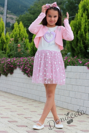 Детска рокля в бяло със сърце  и тюл в розово с болеро в розово Олга