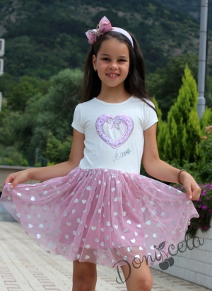 Детска рокля в бяло със сърце  и тюл в розово на сърца Олга