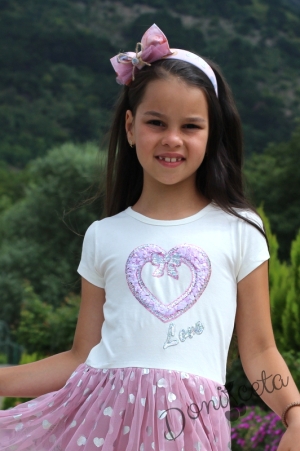Детска рокля в бяло със сърце  и тюл в розово на сърца Олга