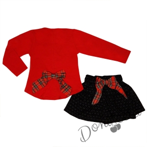 Комплект от блузка в червено и пола в черно с карирана панделка