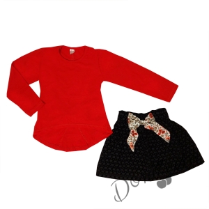 Комплект от блузка в червено и пола в черно с нежна панделка