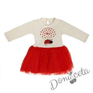 Бебешка/детска рокля  с калинка в бяло и червено с тюл