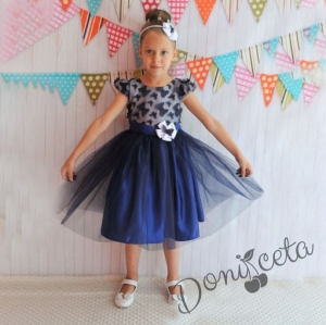 Официална детска рокля в тъмносиньо с бяло с 3D пеперуди и тюл Тимоти