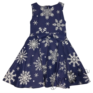 Коледна официална или ежедневна детска рокля в тъмносиньо със снежинки в бяло