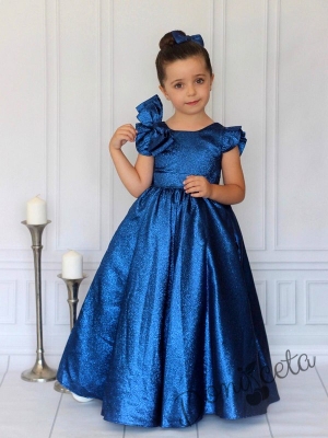 Детска елегантна дълга рокля в кралско синьо с блясък Дара с панделка за коса