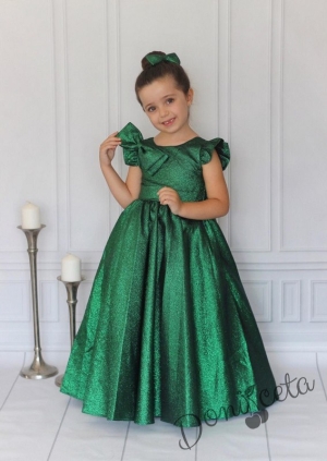 Официална детска рокля дълга в зелено с блясък Дара с панделка за коса