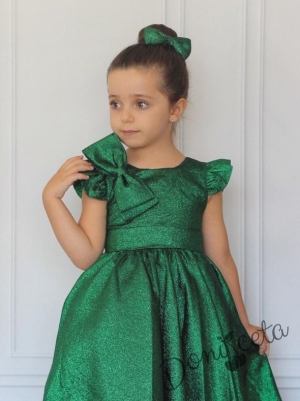 Официална детска рокля дълга в зелено с блясък Дара с панделка за коса