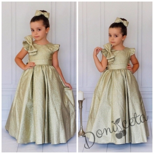 Официална дълга детска рокля в златисто с блясък Дара с панделка за коса