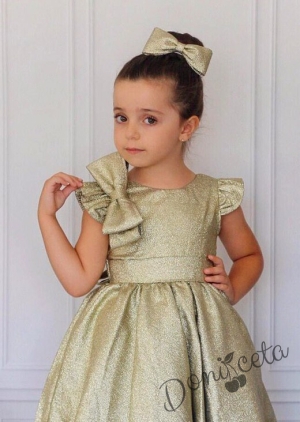 Официална дълга детска рокля в златисто с блясък Дара с панделка за коса