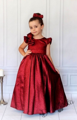 Официална дълга детска рокля в бордо с блясък Дара с панделка за коса