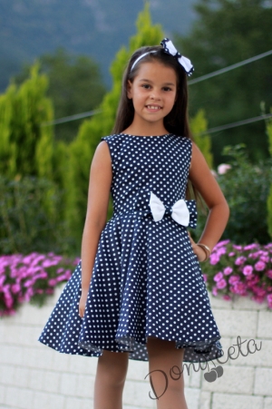 Ежедневна или официална детска рокля в тъмносиньо на бели точки  тип клош Натали