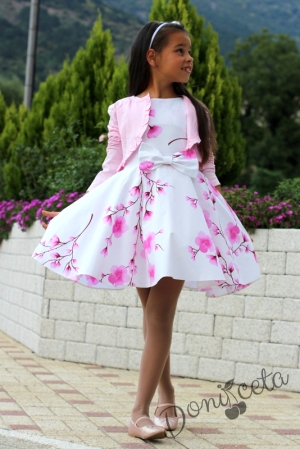 Детска рокля в бяло на нежни розови цветя тип клош Розалинда с болеро в розово