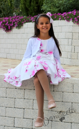 Детска рокля в бяло на нежни розови цветя тип клош Розалинда с болеро в бяло