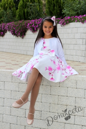 Детска рокля в бяло на нежни розови цветя тип клош Розалинда с болеро в бяло