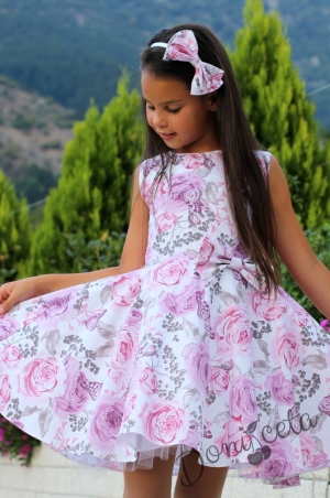 Детска рокля в бяло на нежни розови и пепел от рози цветя тип клош Клара с болеро в розово 2