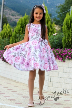 Детска рокля в бяло на нежни розови и пепел от рози цветя тип клош Клара с болеро в розово 4