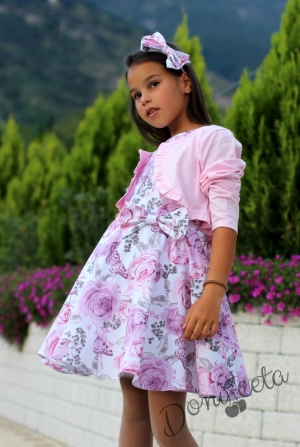 Детска рокля в бяло на нежни розови и пепел от рози цветя тип клош Клара с болеро в розово 7