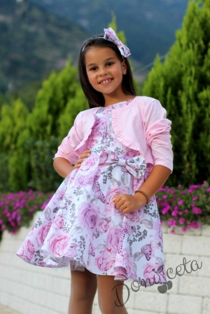 Детска рокля в бяло на нежни розови и пепел от рози цветя тип клош Клара с болеро в розово 8