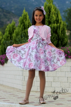Детска рокля в бяло на нежни розови и пепел от рози цветя тип клош Клара с болеро в розово 9