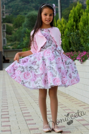 Детска рокля в бяло на нежни розови и пепел от рози цветя тип клош Клара с болеро в розово 12